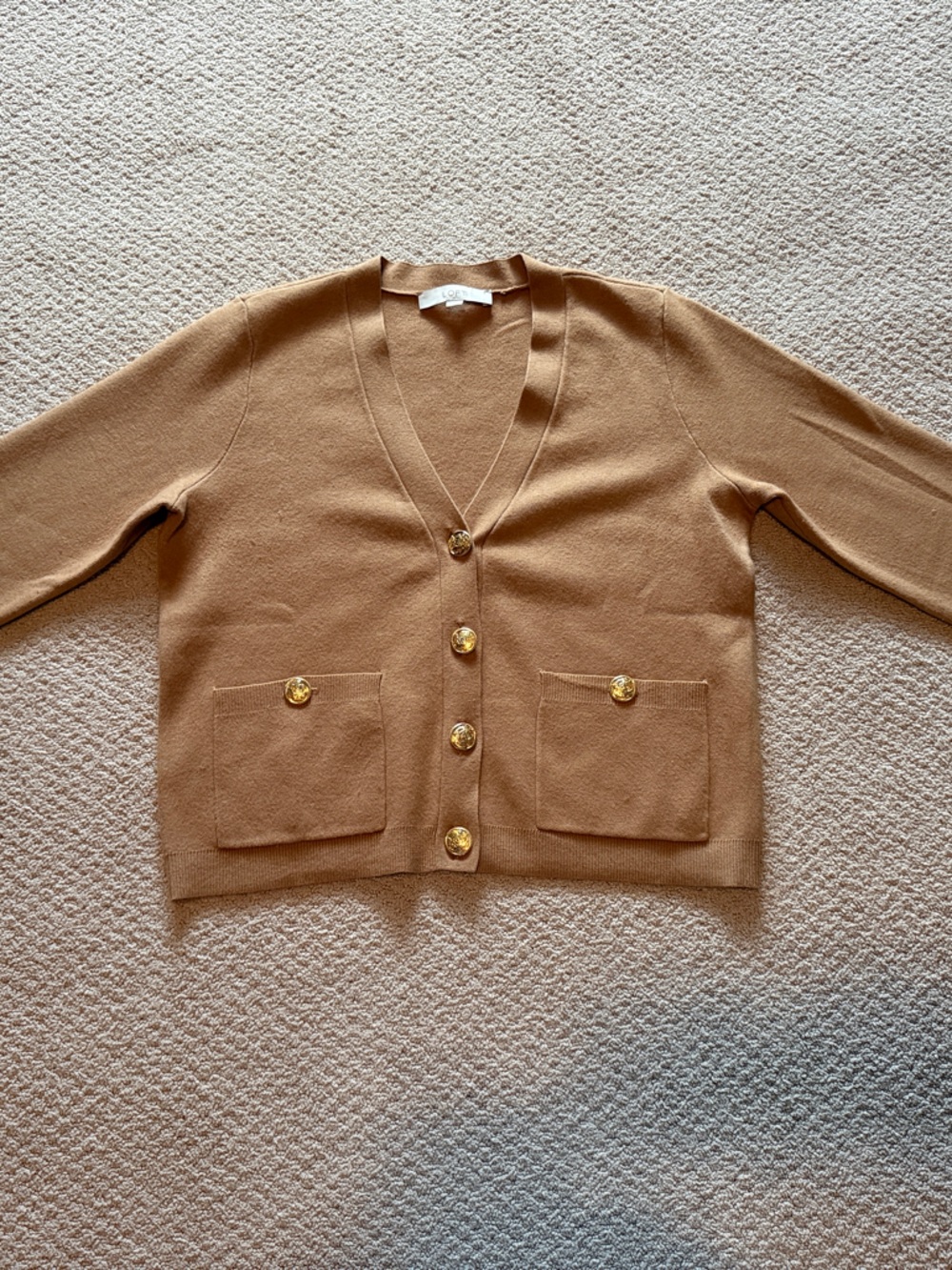 LOFT Camel V-Neck Button Pocket Cardigan with Gold Buttons